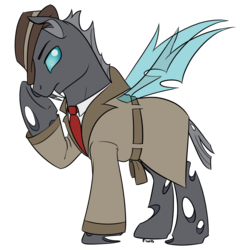 Size: 2100x2100 | Tagged: safe, artist:floots, oc, oc only, oc:private eye, changeling, commission, detective, hat, high res, noir, pony turned changeling, simple background, transparent background, trilby