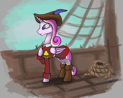 Size: 2162x1738 | Tagged: safe, artist:quadrog, princess cadance, alicorn, pony, g4, clothes, female, folded wings, hoof on chest, looking away, pirate, ship, solo, standing, wings