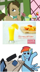 Size: 1056x1904 | Tagged: safe, artist:ocarina0ftimelord, edit, screencap, doctor whooves, rainbow dash, time turner, earth pony, pegasus, pony, g4, slice of life (episode), crazy straw, drink, larson you magnificent bastard, lemon, male, meta, orange, polish, pun, screwdriver, sonic screwdriver, stallion, strawberry, table flip