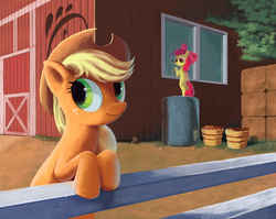Size: 1024x817 | Tagged: dead source, safe, artist:maggwai, apple bloom, applejack, earth pony, pony, g4, apple, apple sisters, barn, bipedal leaning, cottagecore, duo, female, fence, filly, foal, mare, reflection, siblings, sisters, smiling, standing, window