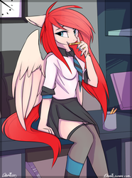 Size: 1280x1723 | Tagged: safe, artist:php41, derpibooru exclusive, oc, oc only, oc:bailey, pegasus, anthro, anthro oc, broken, chair, clock, clothes, desk, looking at you, nail polish, necktie, office, office chair, pencil, pencil holder, professional, schoolgirl, sitting, skirt, socks, solo, spread wings, thigh highs, zettai ryouiki