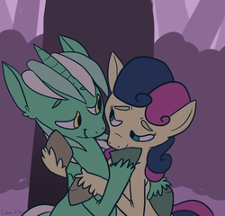 Size: 725x696 | Tagged: safe, artist:comickit, bon bon, lyra heartstrings, sweetie drops, earth pony, pony, unicorn, g4, duo, female, lesbian, looking at each other, looking at someone, ship:lyrabon, shipping, smiling, unshorn fetlocks