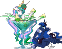 Size: 1000x799 | Tagged: safe, artist:omny87, princess celestia, princess luna, pony, g4, alcohol, cup of pony, horn, horn impalement, martini, micro, olive, simple background
