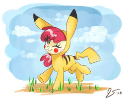 Size: 999x799 | Tagged: safe, artist:dreamscapevalley, apple bloom, pikachu, g4, :3, adorabloom, blushing, clothes, cosplay, costume, cute, eye clipping through hair, female, ikue otani, one eye closed, pikabloom, pokémon, solo, voice actor joke, wink