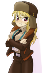 Size: 640x1000 | Tagged: safe, artist:ta-na, march gustysnows, equestria girls, g4, princess spike, blushing, breasts, busty march gustysnows, clothes, equestria girls-ified, female, hat, pants, scrunchy face, solo, tsundere, ushanka