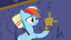 Size: 1280x720 | Tagged: safe, screencap, rainbow dash, g4, my little pony: friendship is magic, party pooped, broom, female, solo, trophy