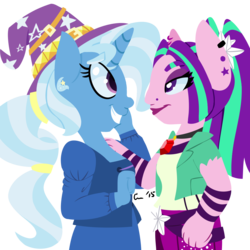 Size: 1000x1000 | Tagged: safe, artist:rivalcat, aria blaze, trixie, anthro, equestria girls, g4, my little pony equestria girls: rainbow rocks, ambiguous facial structure, arixie, female, lesbian, shipping