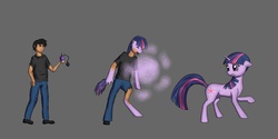 Size: 1264x632 | Tagged: safe, artist:tomek1000, twilight sparkle, human, pony, unicorn, g4, confused, coughing, female, gray background, human male, human to pony, male, male to female, mare, perfume, rule 63, simple background, solo, transformation, transformation sequence, transgender transformation, unicorn twilight