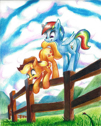 Size: 720x900 | Tagged: safe, artist:tsitra360, applejack, rainbow dash, pony, g4, cloud, colored pencil drawing, duo, duo female, female, fence, grass, mare, open mouth, sky, smiling, smirk, traditional art, who's a silly pony