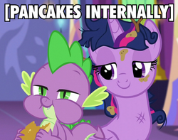 Size: 635x500 | Tagged: safe, screencap, spike, twilight sparkle, alicorn, pony, g4, female, i'm pancake, image macro, lidded eyes, mare, meme, pancakes, tonight you, twilight sparkle (alicorn), x internally