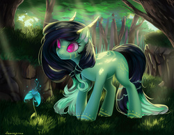 Size: 3600x2800 | Tagged: safe, artist:santagiera, oc, oc only, pony, female, flower, forest, grass, high res, horns, looking down, mare, outdoors, poison joke, signature, solo, standing, tree