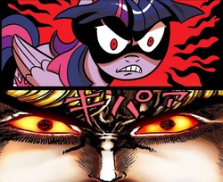 Size: 614x502 | Tagged: safe, artist:brenda hickey, idw, twilight sparkle, alicorn, pony, friends forever #17, g4, my little pony: friends forever, spoiler:comic, angry, dio brando, female, glare, japanese, jojo's bizarre adventure, mare, menacing, phantom blood, space ripper stingy eyes, stare, twilight sparkle (alicorn)