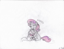 Size: 6600x5100 | Tagged: safe, artist:endlesswire94, sweetie belle, cat, g4, absurd resolution, crossover, cute, diasweetes, hug, sagwa the chinese siamese cat, sheegwa miao, squee, traditional art