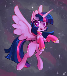 Size: 900x1032 | Tagged: dead source, safe, artist:sunbusting, twilight sparkle, alicorn, pony, g4, abstract background, female, flying, leg warmers, looking at you, mare, smiling, solo, spread wings, twilight sparkle (alicorn), wings