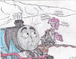 Size: 6600x5100 | Tagged: safe, artist:endlesswire94, pinkie pie, g4, the last roundup, absurd resolution, chimicherrychanga, crossover, gordon, gordon the big engine, hand car, parody, perfectly balanced as all things should be, reference, thomas the tank engine, traditional art