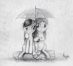 Size: 804x725 | Tagged: safe, artist:magfen, oc, oc only, oc:kicia, oc:magpie, monochrome, rain, traditional art, umbrella