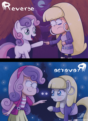 Size: 1181x1633 | Tagged: safe, artist:the-butch-x, sweetie belle, pony, unicorn, equestria girls, g4, crossover, duo, ear piercing, earring, gravity falls, hooped earrings, jewelry, male, pacifica northwest, piercing, ponified, species swap, style emulation