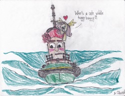 Size: 6600x5100 | Tagged: safe, artist:endlesswire94, fluttershy, g4, absurd resolution, annoyed, blushing, boat, cross-popping veins, crossover, theodore tugboat, traditional art, tugboat