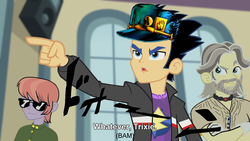 Size: 1920x1080 | Tagged: safe, edit, edited screencap, screencap, flash sentry, equestria girls, g4, my little pony equestria girls: rainbow rocks, background human, battle of the stands, jojo's bizarre adventure, joseph joestar, jotaro kujo, noriaki kakyoin, recolor, subtitles