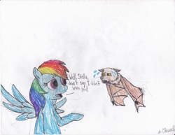 Size: 6600x5100 | Tagged: safe, artist:endlesswire94, rainbow dash, fruit bat, g4, absurd resolution, crossover, flying fox, race, stellaluna, sweat, tired, tongue out, traditional art