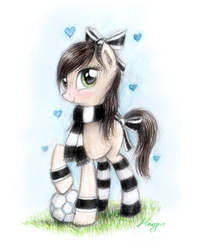 Size: 644x812 | Tagged: safe, artist:magfen, oc, oc only, oc:kicia, bow, clothes, football, hair bow, scarf, socks, solo, striped socks, tail bow, traditional art