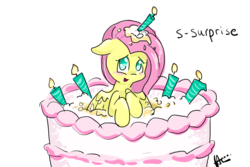 Size: 1500x1000 | Tagged: safe, artist:kinkiepinkiepie, fluttershy, g4, birthday, cake, female, popping out of a cake, solo