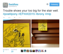 Size: 1096x944 | Tagged: safe, artist:postitpony, trouble shoes, g4, grammar error, meta, stair well, sticky note, text, traditional art, twitter