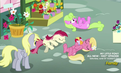 Size: 941x569 | Tagged: safe, screencap, daisy, derpy hooves, flower wishes, lily, lily valley, roseluck, pegasus, pony, g4, slice of life (episode), background pony, bouquet, female, flower, flower trio, mare, playing dead, rose, the horror