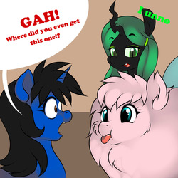 Size: 1280x1280 | Tagged: safe, artist:kloudmutt, queen chrysalis, oc, oc:fluffle puff, oc:klodette, g4