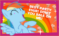 Size: 800x493 | Tagged: safe, rainbow dash, g4, my little pony friendship celebration cutie mark magic, eyes closed, female, pun, solo