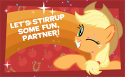 Size: 800x493 | Tagged: safe, applejack, g4, my little pony friendship celebration cutie mark magic, female, pun, solo, wink