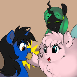 Size: 1280x1280 | Tagged: safe, artist:kloudmutt, queen chrysalis, oc, oc:fluffle puff, oc:klodette, g4, taco, trio