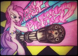 Size: 1024x734 | Tagged: safe, artist:canvymamamoo, pinkie pie, g4, female, graffiti, minigun, pinkamena diane pie, ponies with guns, solo, traditional art