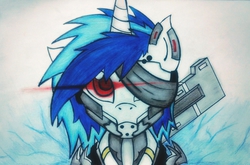 Size: 2000x1321 | Tagged: safe, artist:canvymamamoo, dj pon-3, vinyl scratch, pony, unicorn, g4, armor, crossover, eyepatch, female, glowing, glowing eyes, konami, looking at you, mare, metal gear, metal gear rising, raiden, solo, sword, traditional art, video game