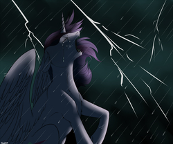 Size: 1000x833 | Tagged: safe, artist:backlash91, twilight sparkle, alicorn, pony, g4, crying, eyes closed, fangs, female, floppy ears, fluffy, lightning, mare, open mouth, rain, raised hoof, solo, spread wings, twilight sparkle (alicorn)