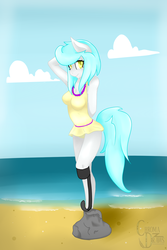 Size: 1200x1800 | Tagged: safe, artist:chromadraws, oc, oc only, oc:chroma feather, anthro, amputee, beach, clothes, cute, prosthetic limb, prosthetics, solo, swimsuit, wave