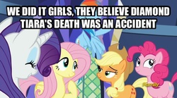 Size: 606x337 | Tagged: safe, edit, edited screencap, screencap, applejack, fluttershy, pinkie pie, rainbow dash, rarity, g4, caption, image macro, implied murder, meme