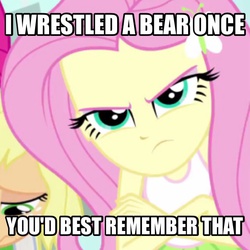 Size: 606x606 | Tagged: safe, screencap, applejack, fluttershy, pinkie pie, a case for the bass, equestria girls, g4, my little pony equestria girls: rainbow rocks, angry, badass, female, flutterbadass, fluttershy is not amused, image macro, meme
