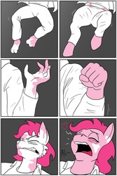 Size: 854x1280 | Tagged: safe, artist:clock-face, pinkie pie, earth pony, anthro, comic:pink interlude, comic:pinkie sense, g4, aroused, assimilation, blushing, clone, comic, muscle expansion, muscles, pinkie pump, transformation, twinning