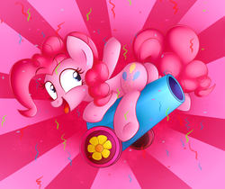 Size: 3100x2600 | Tagged: safe, artist:heavymetalbronyyeah, pinkie pie, earth pony, pony, g4, butt, confetti, female, high res, mare, party cannon, plot, solo, tongue out