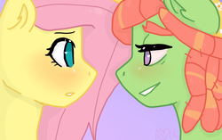 Size: 1024x642 | Tagged: safe, artist:tribop, fluttershy, tree hugger, g4, female, lesbian, ship:flutterhugger, shipping