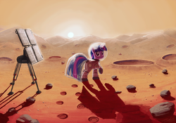 Size: 2928x2048 | Tagged: dead source, safe, artist:sophiesplushies, twilight sparkle, unicorn, astronaut, crater, female, high res, hoofprints, looking at you, mare, mars, raised hoof, rock, scenery, shadow, solar panel, solo, space helmet, spacesuit, sun, tail helmet, unicorn twilight, watermark