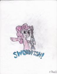 Size: 5100x6600 | Tagged: safe, artist:endlesswire94, pinkie pie, fish, g4, absurd resolution, marx brothers, parody, sword, traditional art