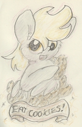 Size: 617x950 | Tagged: safe, artist:slightlyshade, derpy hooves, pegasus, pony, g4, cookie, female, mare, solo, traditional art