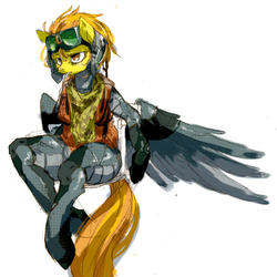 Size: 1024x1022 | Tagged: safe, artist:toki, spitfire, anthro, unguligrade anthro, g4, female, goggles, solo