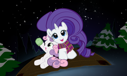 Size: 3264x1952 | Tagged: safe, artist:cornflexen, rarity, sweetie belle, g4, clothes, night, scarf, sisters