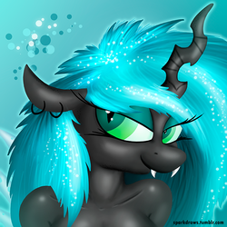 Size: 700x700 | Tagged: safe, artist:sparkdraws, queen chrysalis, changeling, changeling queen, anthro, g4, alternate hairstyle, bedroom eyes, breasts, bust, busty queen chrysalis, earring, fangs, female, messy mane, missing accessory, piercing, solo