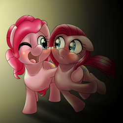 Size: 1000x1000 | Tagged: safe, artist:ushiro no kukan, pinkie pie, g4, cute, cuteamena, diapinkes, duality, female, hug, pinkamena diane pie, solo, wink