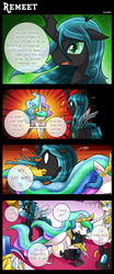 Size: 1500x3598 | Tagged: safe, artist:vavacung, princess celestia, queen chrysalis, changeling, comic:to love alicorn, g4, comic, royal guard