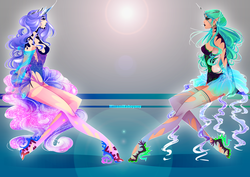 Size: 4092x2893 | Tagged: safe, artist:minamikoboyasy, nightmare moon, queen chrysalis, human, g4, clothes, high heels, horn, horned humanization, humanized, shoes